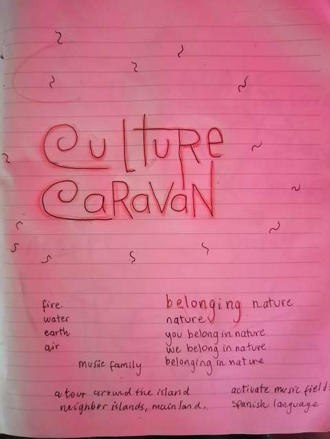 A handwritten journal page reading 'Culture Caravan' with notes on fire, water, earth, air, belonging in nature, and touring the islands.